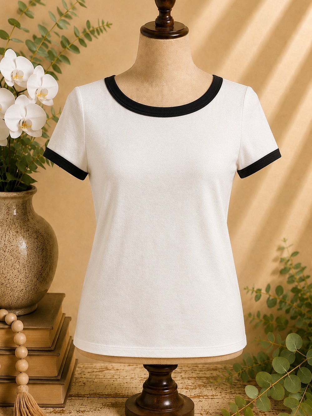 Darong NWT White Ribbed Ringer Tee Contrast Trim Stretch Top XL